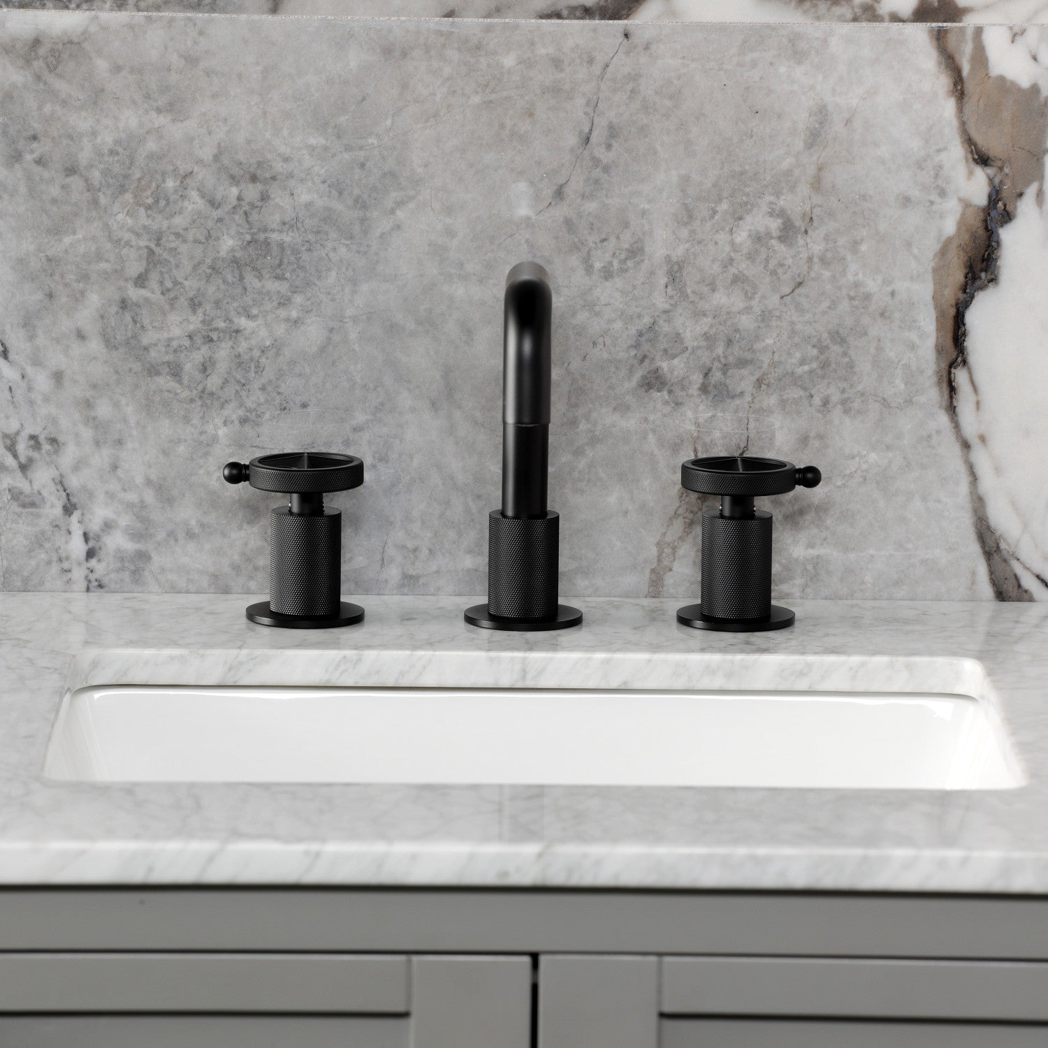 Kingston Sona KS1410RNK - Levante Two-Handle 3-Hole Deck Mount Widespread Bathroom Faucet with Push Pop-Up Drain, Matte Black — thumbnail 3